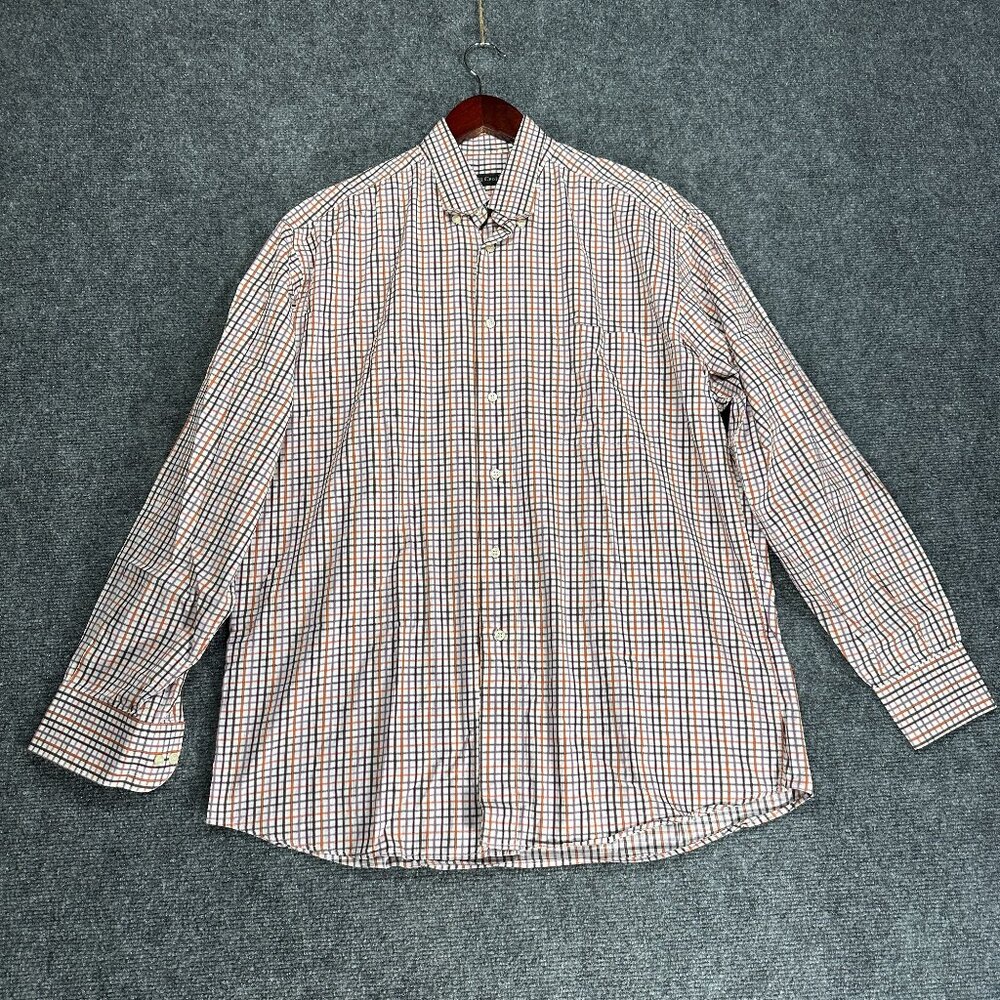 St Croix Shirt Mens Large Button Up Orange Purple Plaid Cotton Long Sleeve